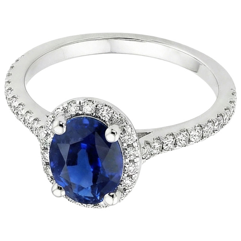 Anello Halo con pavé di diamanti e zaffiro ovale dello Sri Lanka 5 carati