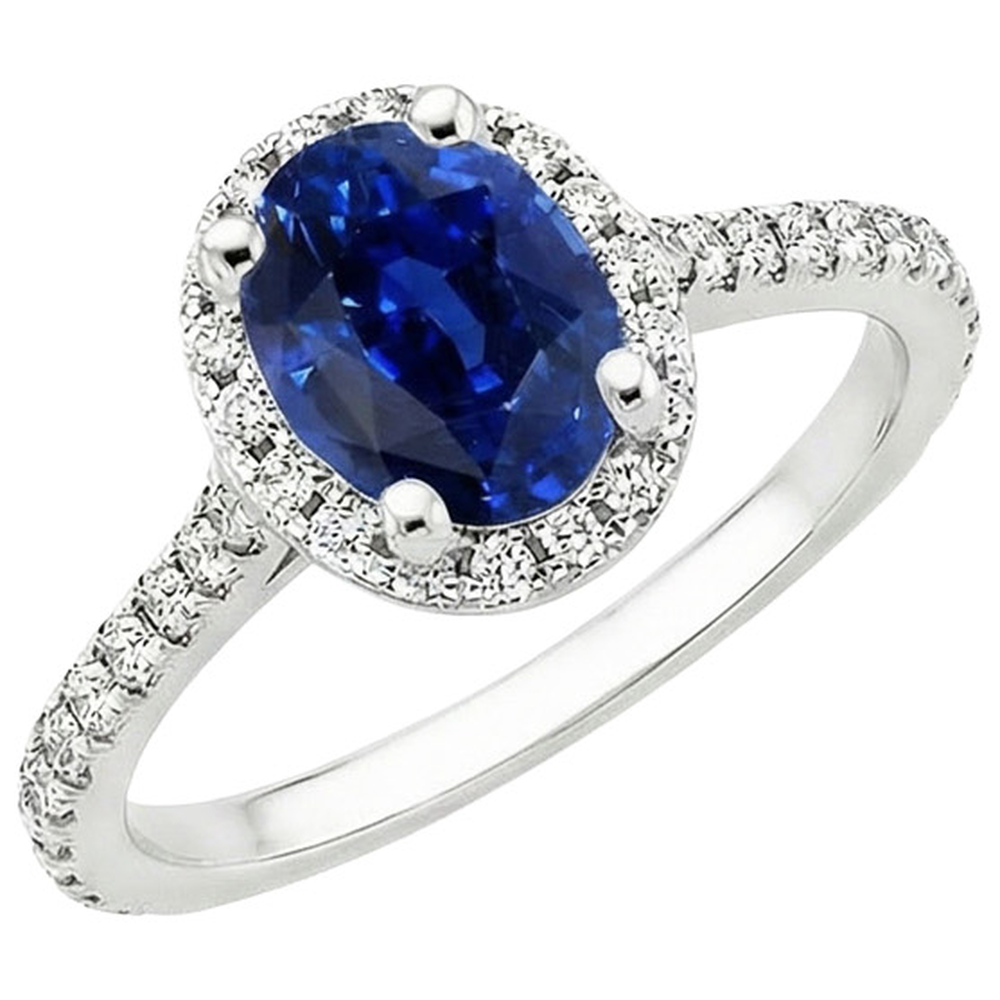 Anello Halo con pavé di diamanti e zaffiro ovale dello Sri Lanka 5 carati