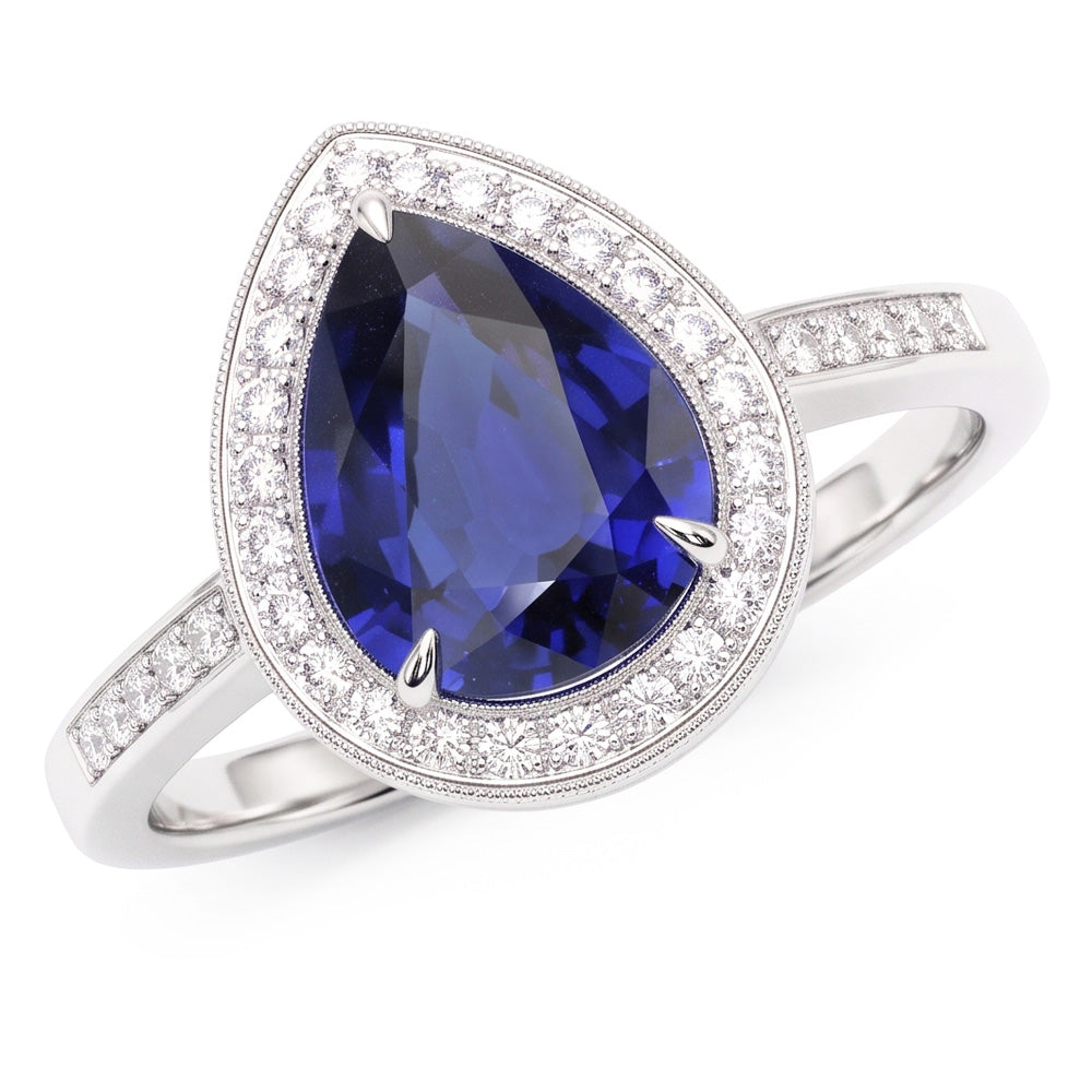 Anello Halo con pera di zaffiro blu da 2,50 carati e pavé di diamanti in oro bianco 14K