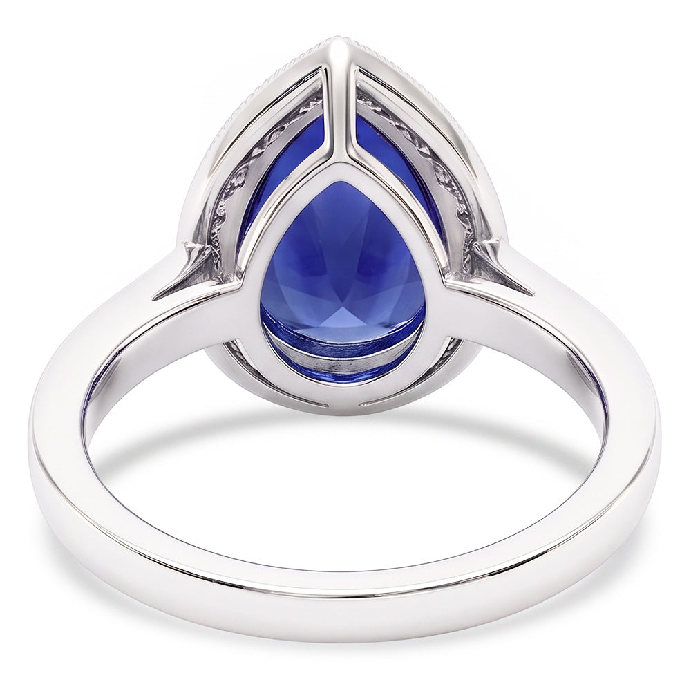 Anello Halo con pera di zaffiro blu da 2,50 carati e pavé di diamanti in oro bianco 14K