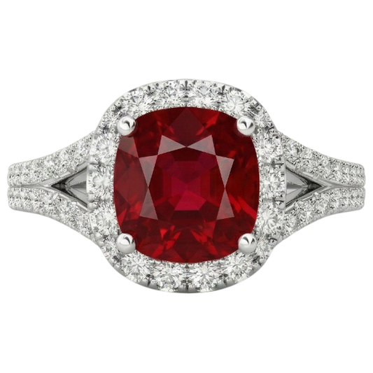 Anello Halo con rubini e diamanti da 4,35 ct, oro bianco con gambo diviso 14K