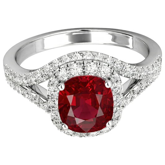 Anello Halo con rubini e diamanti da 4,35 ct, oro bianco con gambo diviso 14K
