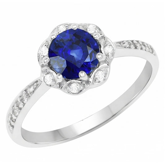 Anello Halo con stelo tondo a forma di fiore di zaffiro da 3 carati e stelo affusolato di diamanti