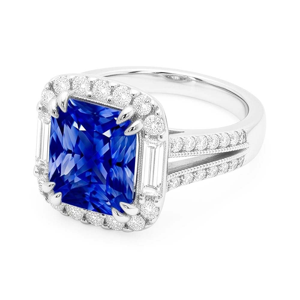Anello Halo con zaffiro Baguette da 4,50 carati e gambo diviso con accenti rotondi