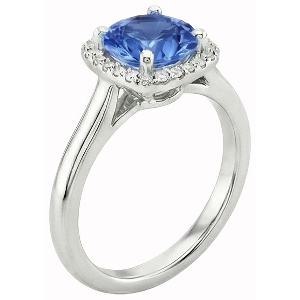 Anello Halo con zaffiro Ceylon 2,70 carati e diamanti in oro bianco 14K