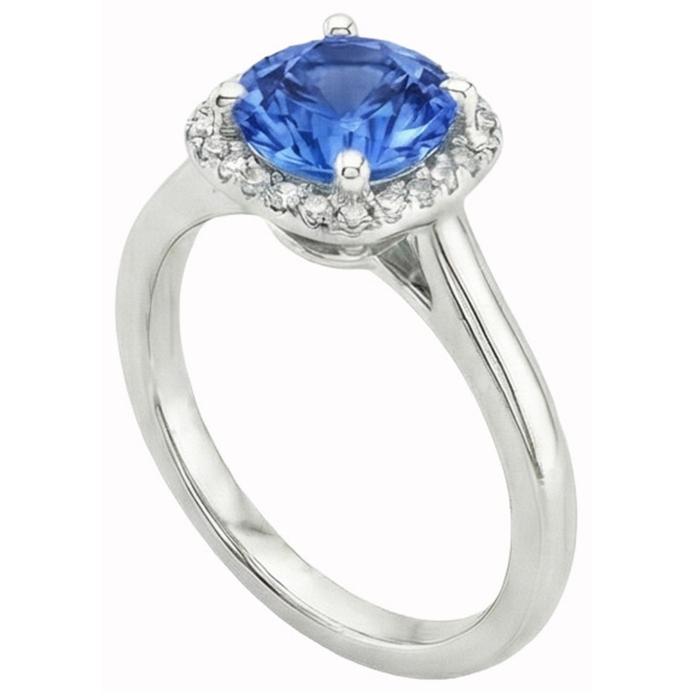 Anello Halo con zaffiro Ceylon 2,70 carati e diamanti in oro bianco 14K