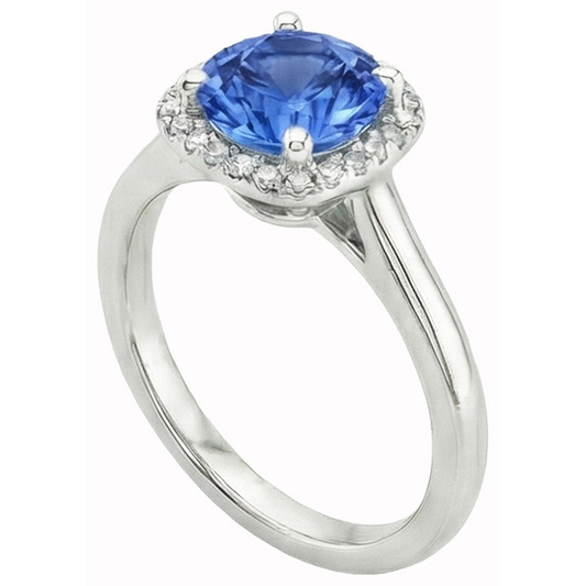 Anello Halo con zaffiro Ceylon 2,70 carati e diamanti in oro bianco 14K