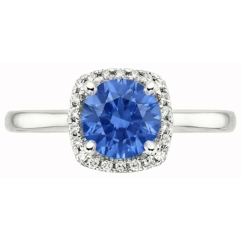 Anello Halo con zaffiro Ceylon 2,70 carati e diamanti in oro bianco 14K