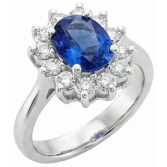 Anello Halo con zaffiro Ceylon da 3,20 carati e diamante in oro bianco 14K