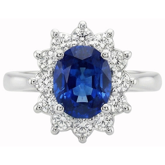 Anello Halo con zaffiro Ceylon da 3,20 carati e diamante in oro bianco 14K