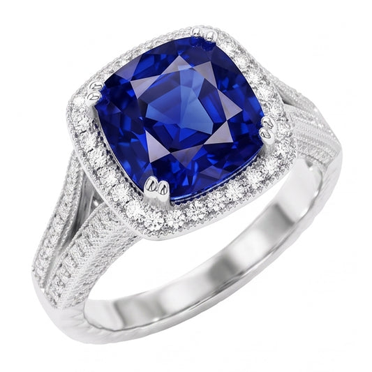 Anello Halo con zaffiro a cuscino da 3,50 carati e diamanti Milgrain Split Shank