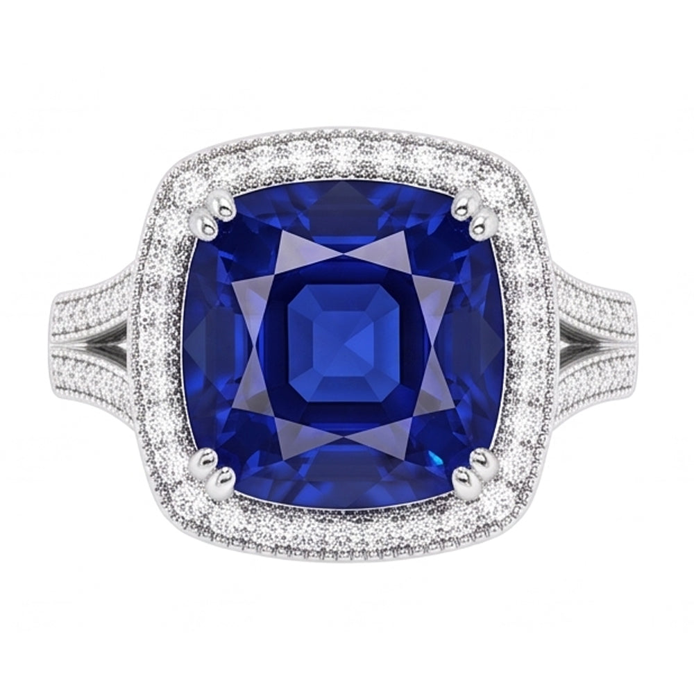 Anello Halo con zaffiro a cuscino da 3,50 carati e diamanti Milgrain Split Shank