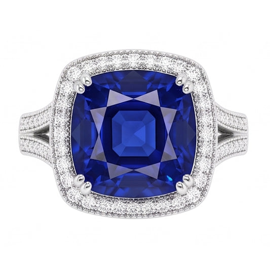 Anello Halo con zaffiro a cuscino da 3,50 carati e diamanti Milgrain Split Shank