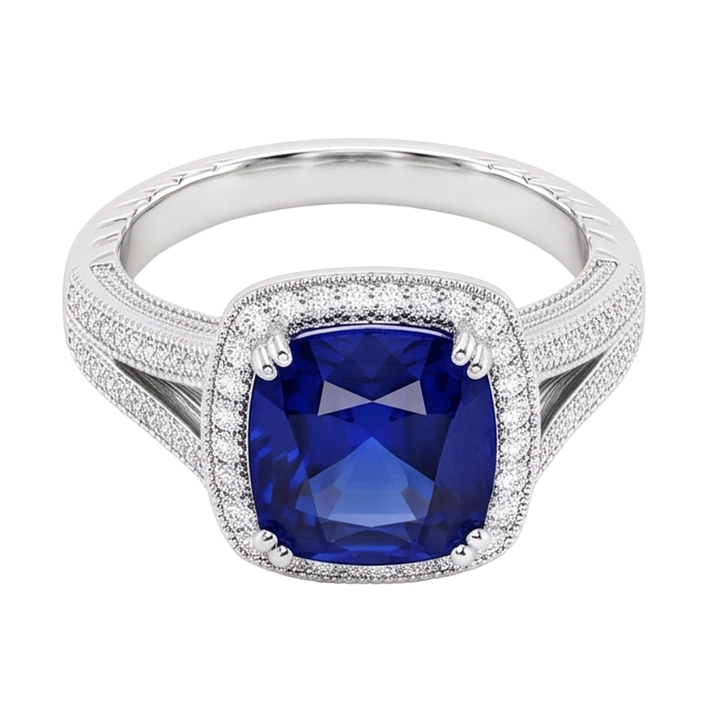Anello Halo con zaffiro a cuscino da 3,50 carati e diamanti Milgrain Split Shank