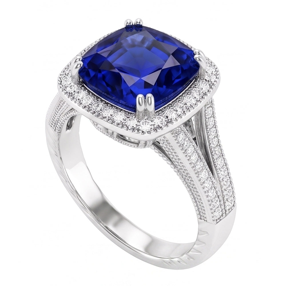 Anello Halo con zaffiro a cuscino da 3,50 carati e diamanti Milgrain Split Shank