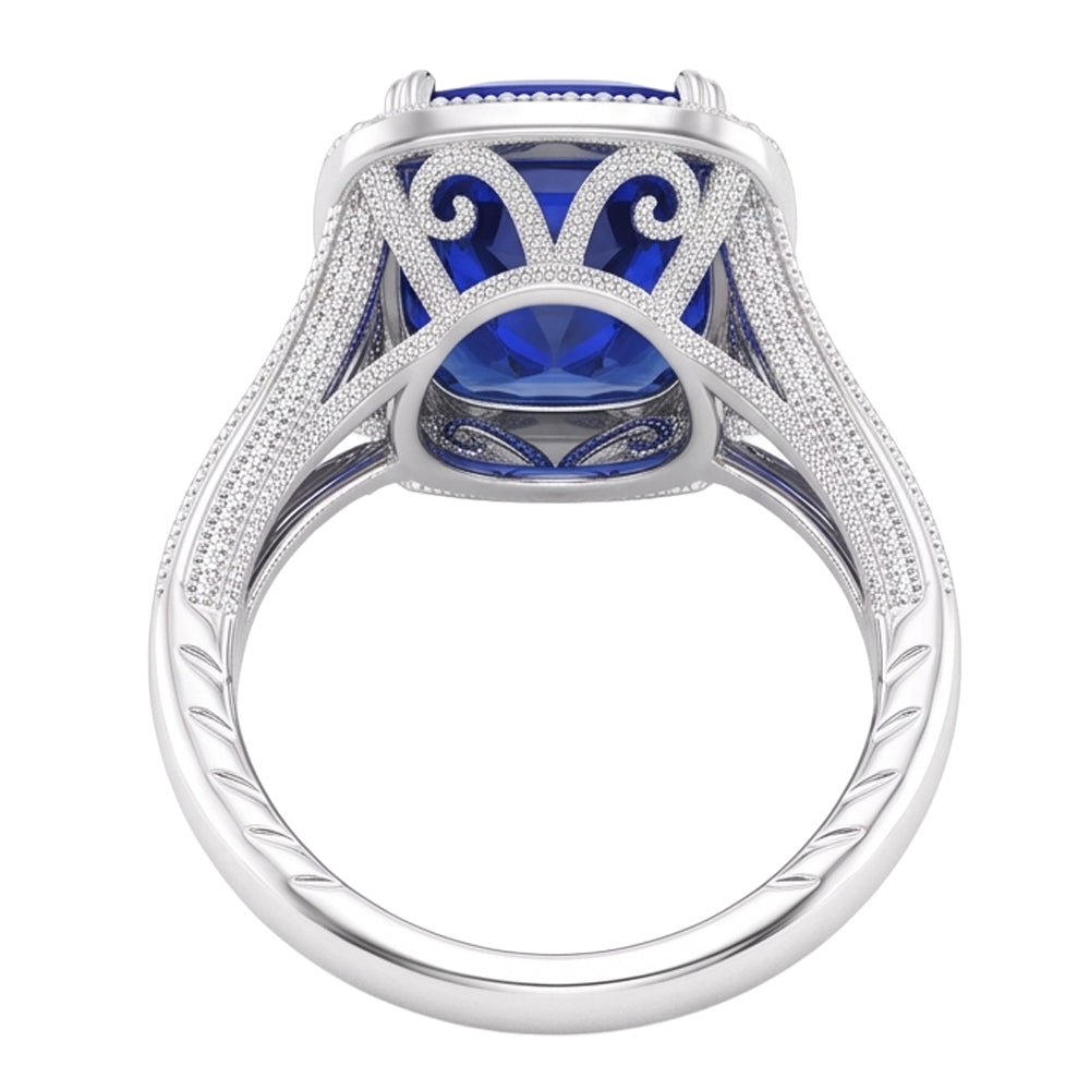 Anello Halo con zaffiro a cuscino da 3,50 carati e diamanti Milgrain Split Shank