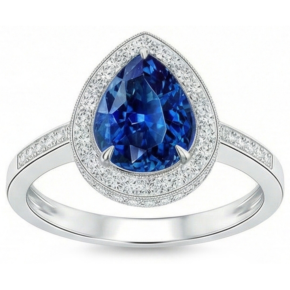 Anello Halo con zaffiro blu Sri Lanka 4,90 carati e diamanti in oro bianco 14K