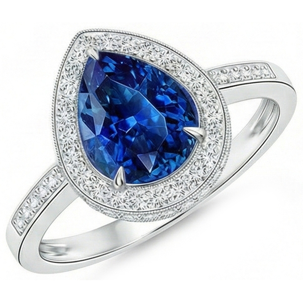 Anello Halo con zaffiro blu Sri Lanka 4,90 carati e diamanti in oro bianco 14K