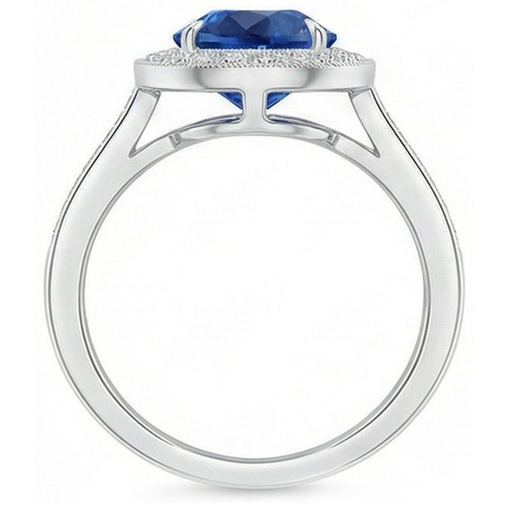 Anello Halo con zaffiro blu Sri Lanka 4,90 carati e diamanti in oro bianco 14K