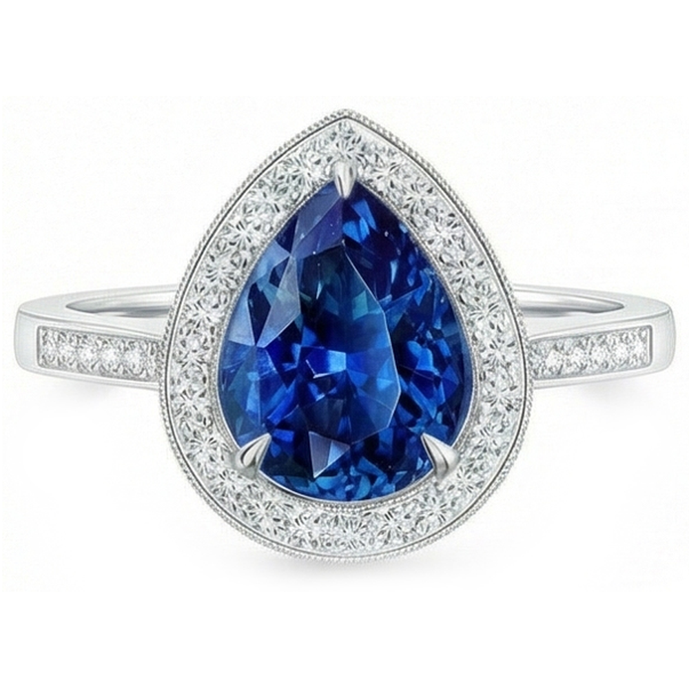Anello Halo con zaffiro blu Sri Lanka 4,90 carati e diamanti in oro bianco 14K
