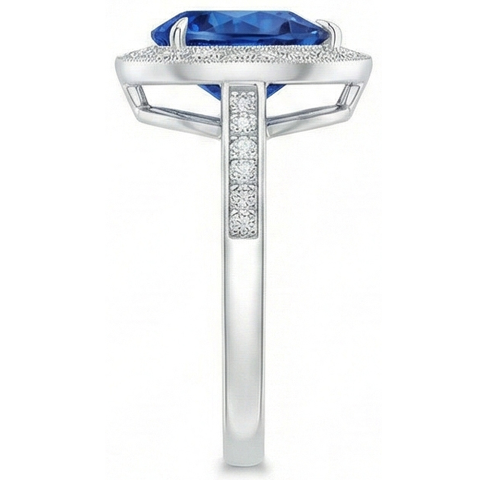 Anello Halo con zaffiro blu Sri Lanka 4,90 carati e diamanti in oro bianco 14K