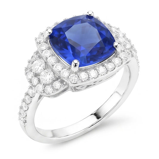 Anello Halo con zaffiro blu a cuscino da 5 carati in diamanti in oro bianco 14K