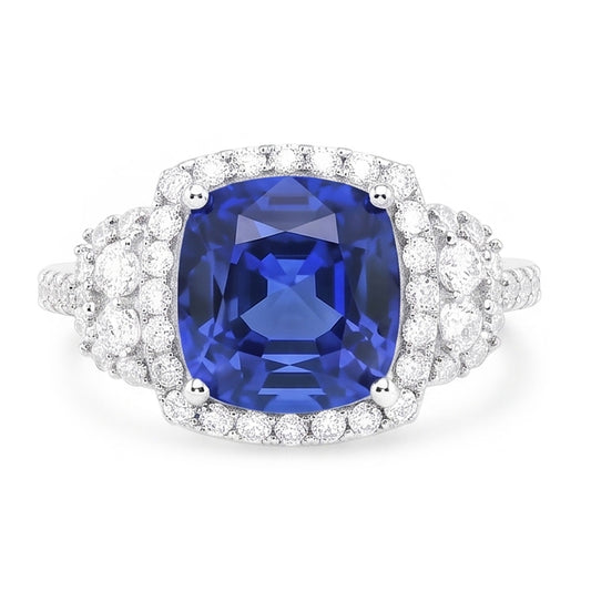 Anello Halo con zaffiro blu a cuscino da 5 carati in diamanti in oro bianco 14K