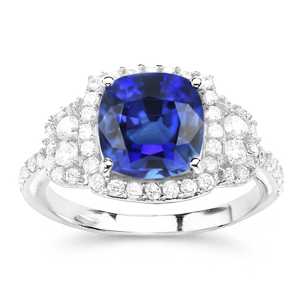 Anello Halo con zaffiro blu a cuscino da 5 carati in diamanti in oro bianco 14K
