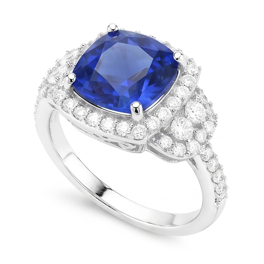 Anello Halo con zaffiro blu a cuscino da 5 carati in diamanti in oro bianco 14K