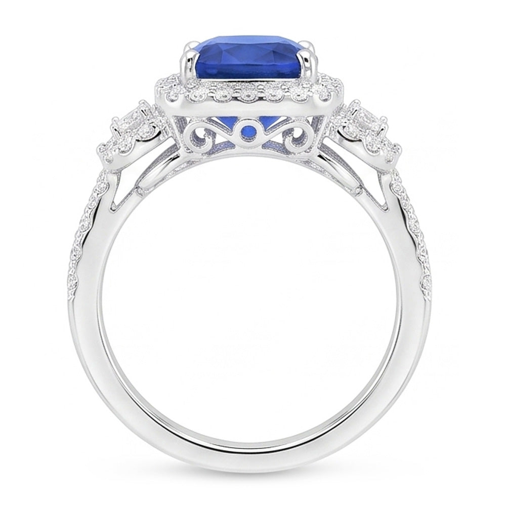 Anello Halo con zaffiro blu a cuscino da 5 carati in diamanti in oro bianco 14K