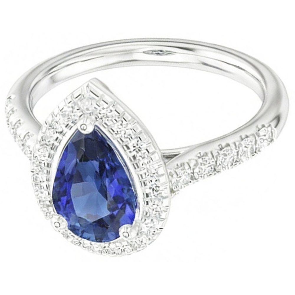 Anello Halo con zaffiro blu a forma di pera 4 carati e diamanti in oro bianco 14K