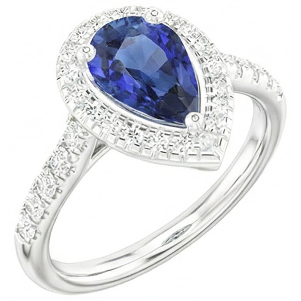 Anello Halo con zaffiro blu a forma di pera 4 carati e diamanti in oro bianco 14K
