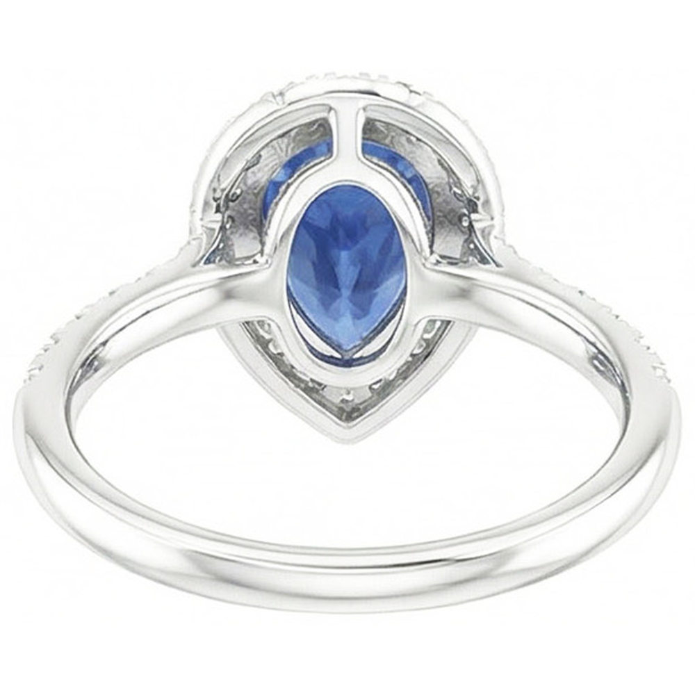 Anello Halo con zaffiro blu a forma di pera 4 carati e diamanti in oro bianco 14K
