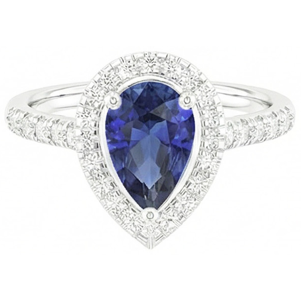 Anello Halo con zaffiro blu a forma di pera 4 carati e diamanti in oro bianco 14K