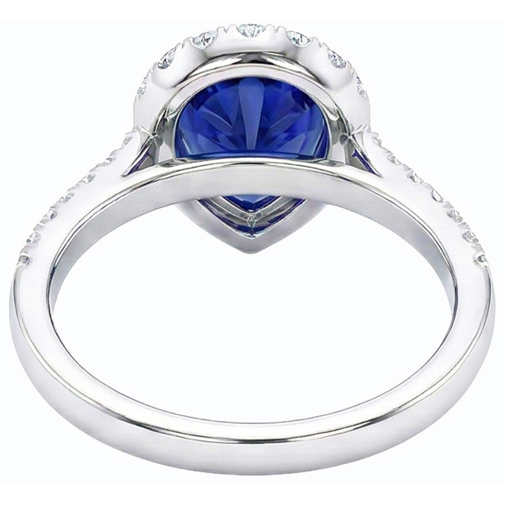 Anello Halo con zaffiro blu a forma di pera e diamante rotondo 5 carati