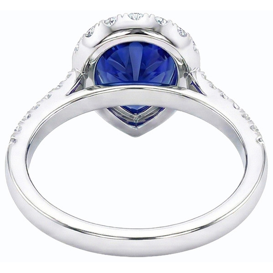 Anello Halo con zaffiro blu a forma di pera e diamante rotondo 5 carati
