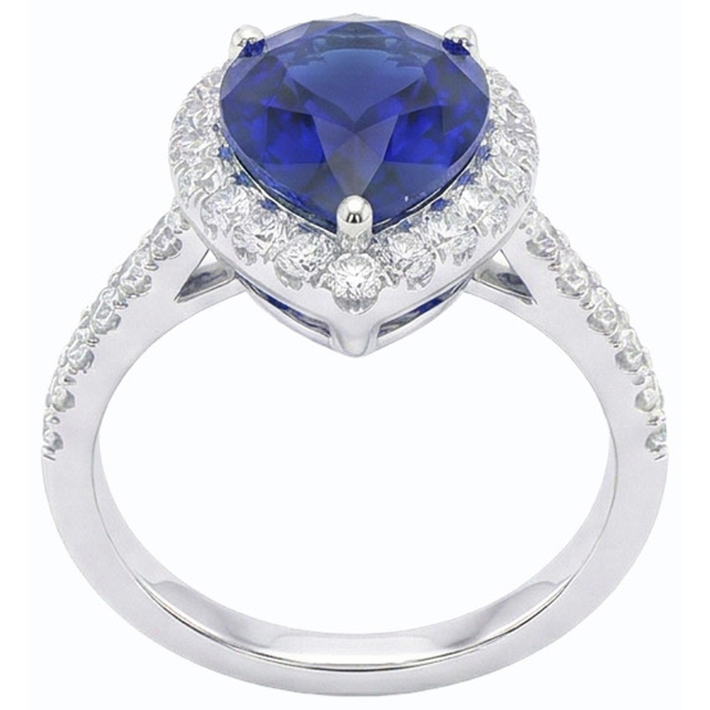 Anello Halo con zaffiro blu a forma di pera e diamante rotondo 5 carati