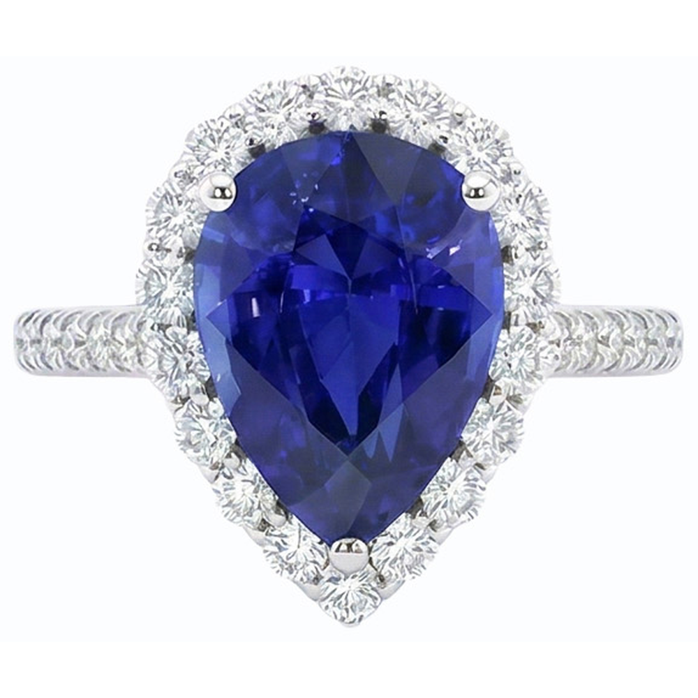 Anello Halo con zaffiro blu a forma di pera e diamante rotondo 5 carati