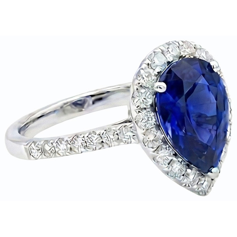 Anello Halo con zaffiro blu a forma di pera e diamante rotondo 5 carati