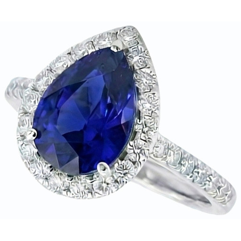 Anello Halo con zaffiro blu a forma di pera e diamante rotondo 5 carati