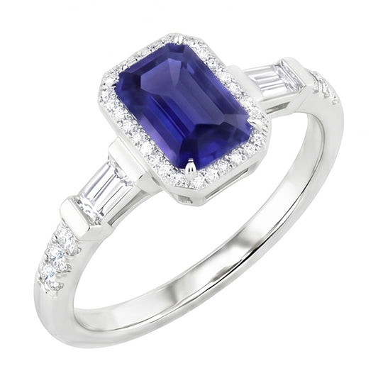 Anello Halo con zaffiro blu con baguette e diamanti tondi da 1,50 carati con Oro Bianco 14k
