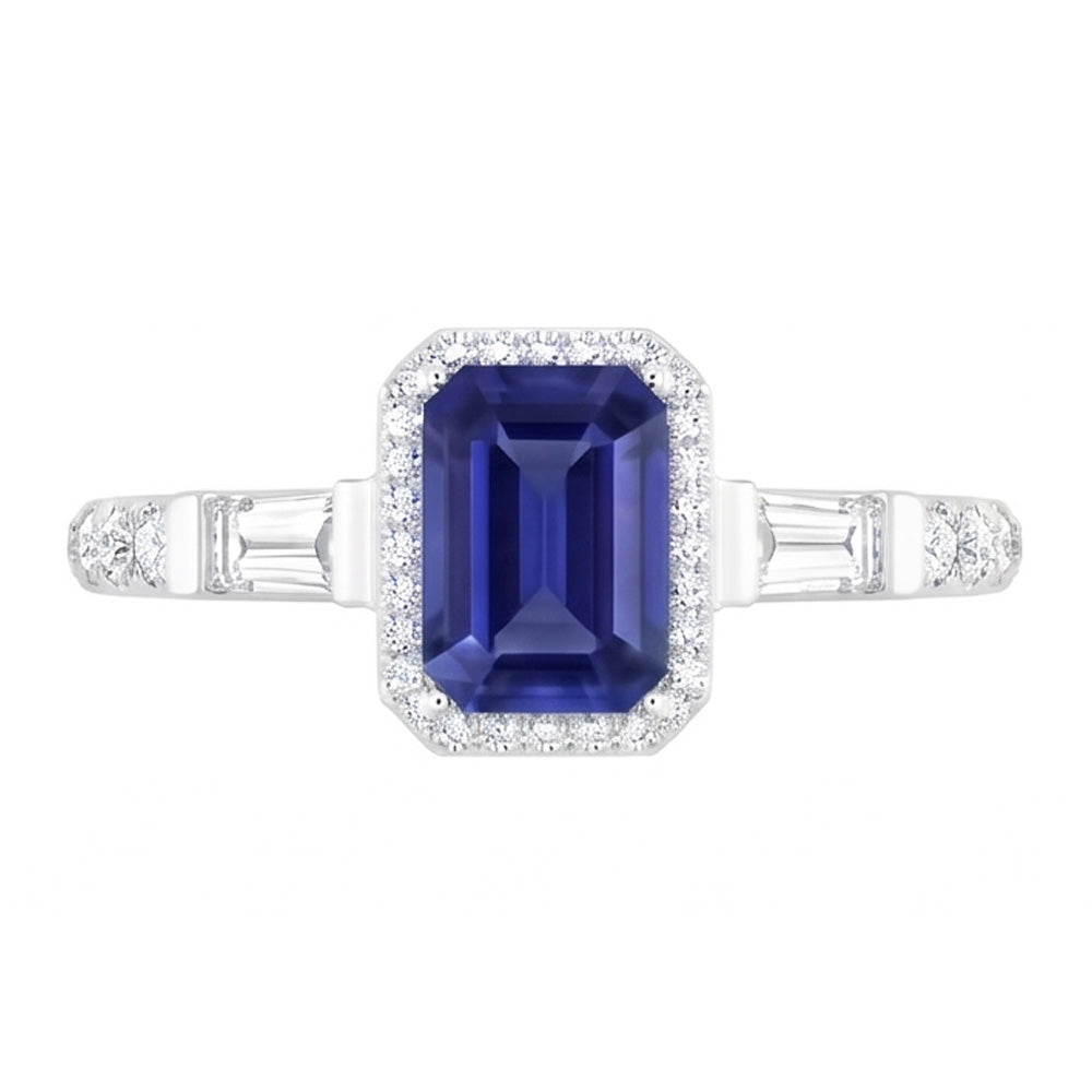 Anello Halo con zaffiro blu con baguette e diamanti tondi da 1,50 carati con Oro Bianco 14k