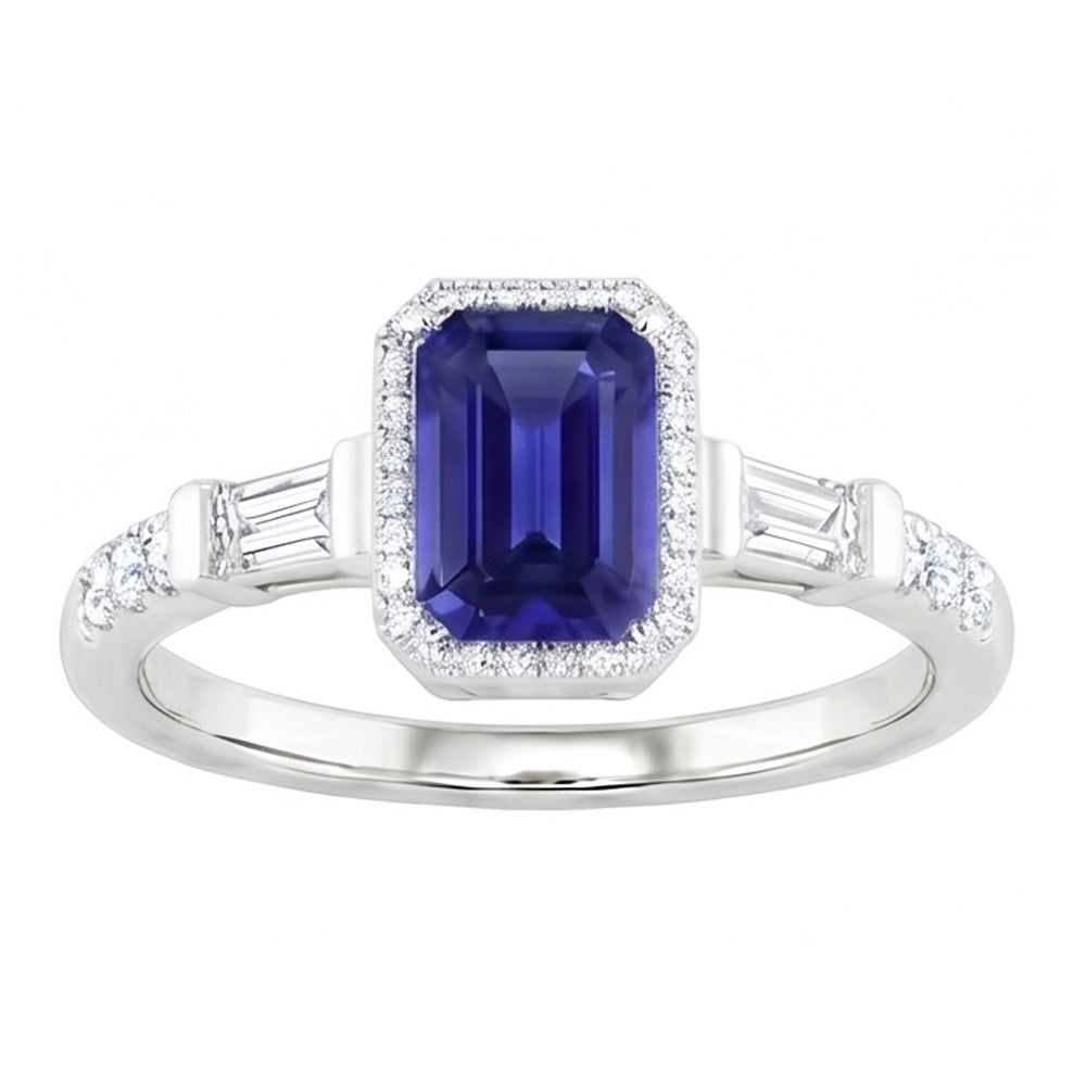 Anello Halo con zaffiro blu con baguette e diamanti tondi da 1,50 carati con Oro Bianco 14k