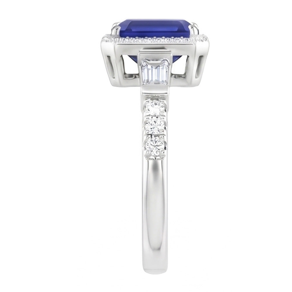 Anello Halo con zaffiro blu con baguette e diamanti tondi da 1,50 carati con Oro Bianco 14k
