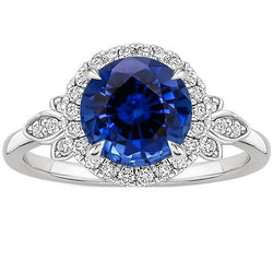 Anello Halo con zaffiro blu da 3,50 carati e pietra preziosa con diamante brillante in oro bianco 14K