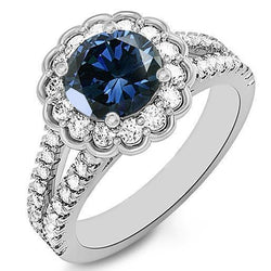 Anello Halo con zaffiro blu dello Sri Lanka da 2,25 carati e diamante rotondo in oro bianco 14K