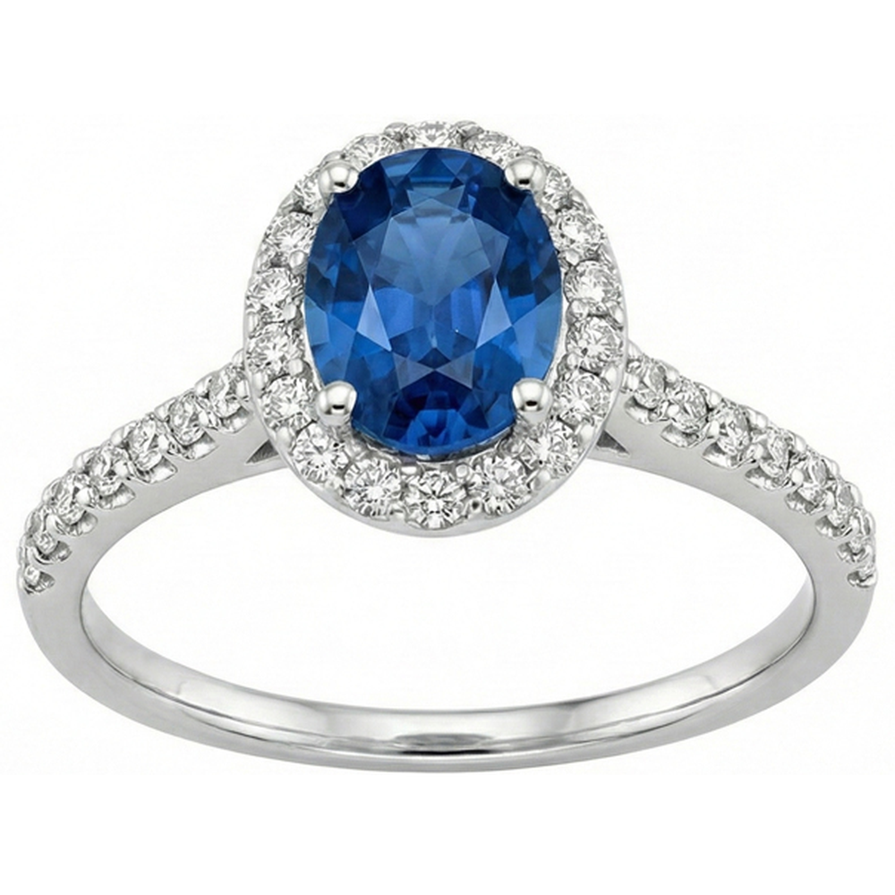 Anello Halo con zaffiro blu di Ceylon. oro bianco 14K. ovale. 2.15 ct.