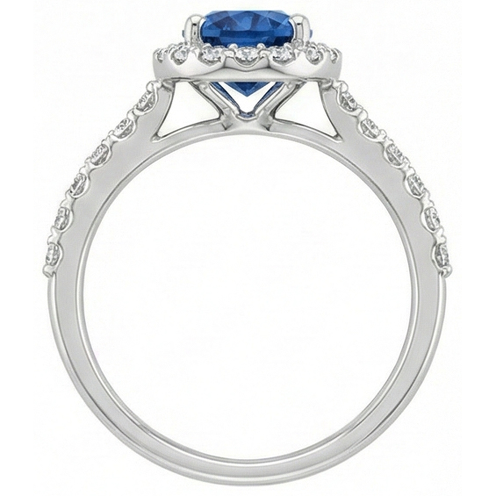 Anello Halo con zaffiro blu di Ceylon. oro bianco 14K. ovale. 2.15 ct.