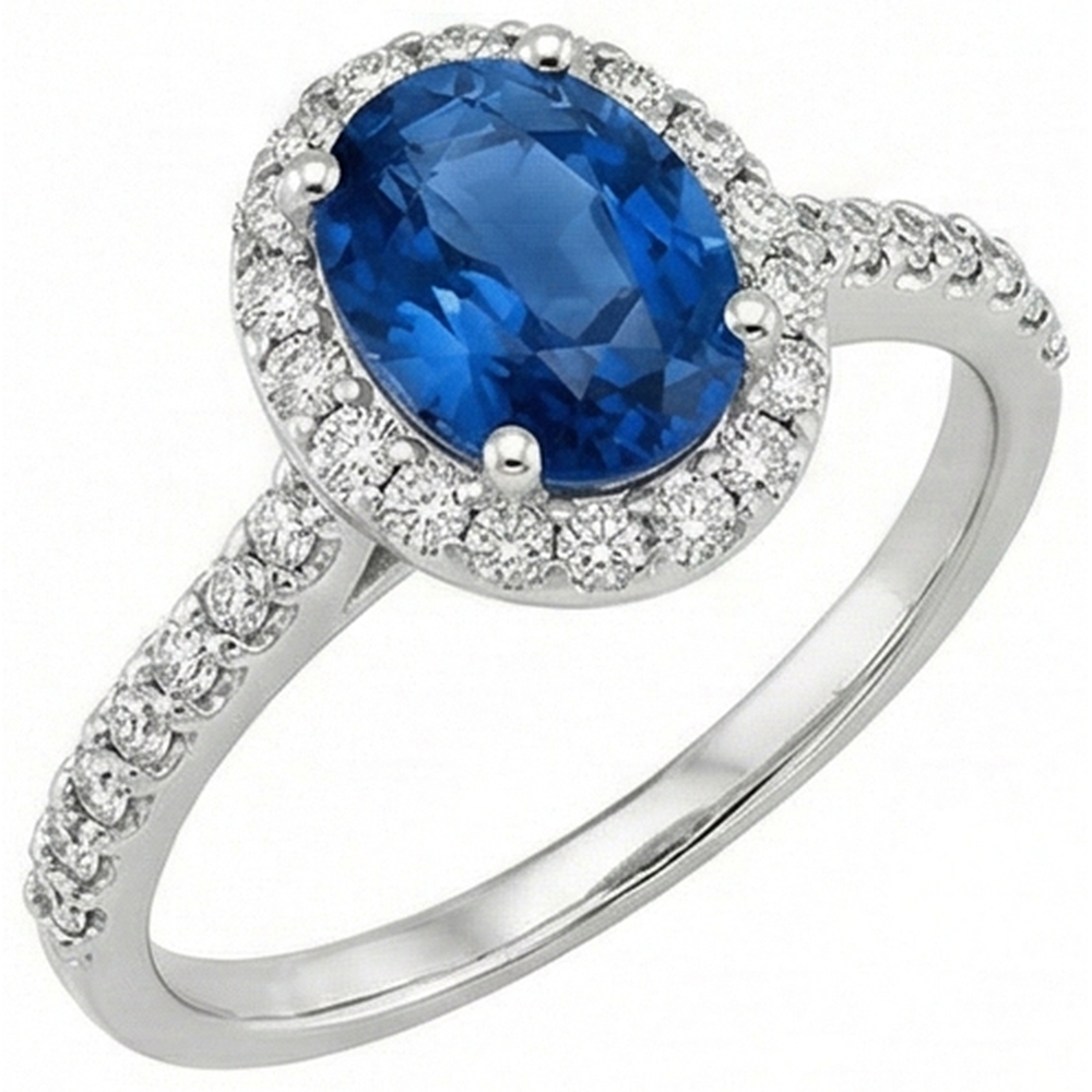Anello Halo con zaffiro blu di Ceylon. oro bianco 14K. ovale. 2.15 ct.