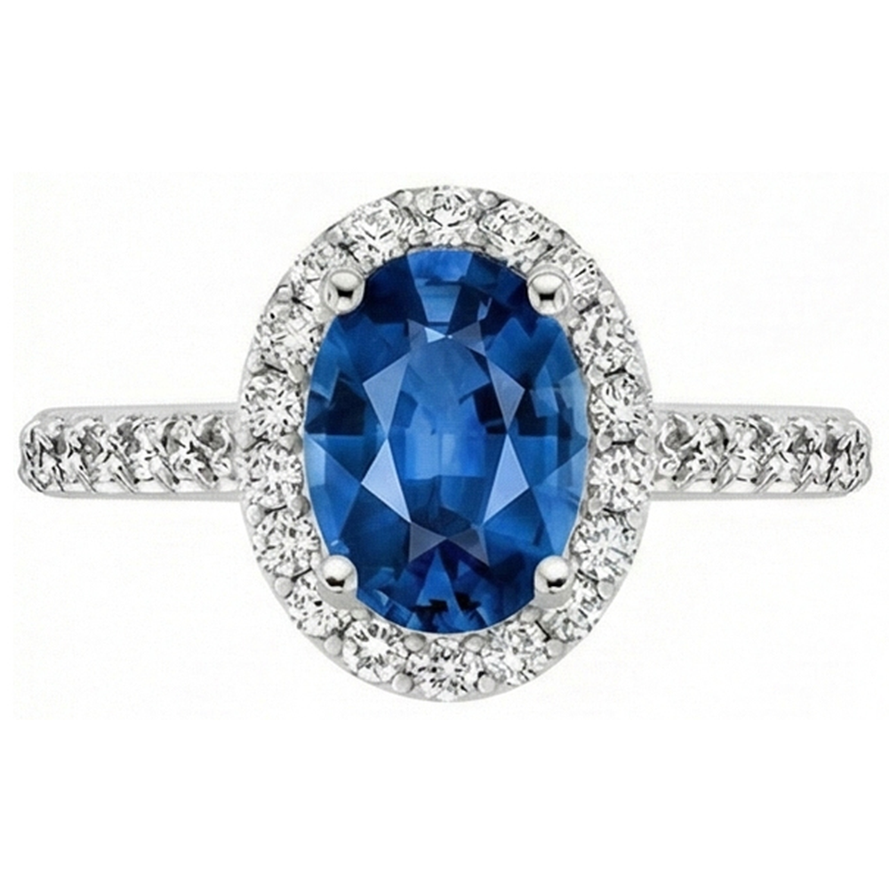 Anello Halo con zaffiro blu di Ceylon. oro bianco 14K. ovale. 2.15 ct.